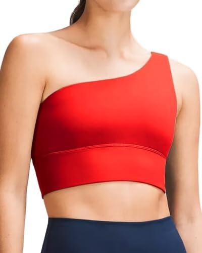 QUEENIEKE Womens One Shoulder Sports Bra Workout Strap Yoga Bras Cute Low Support Tops L