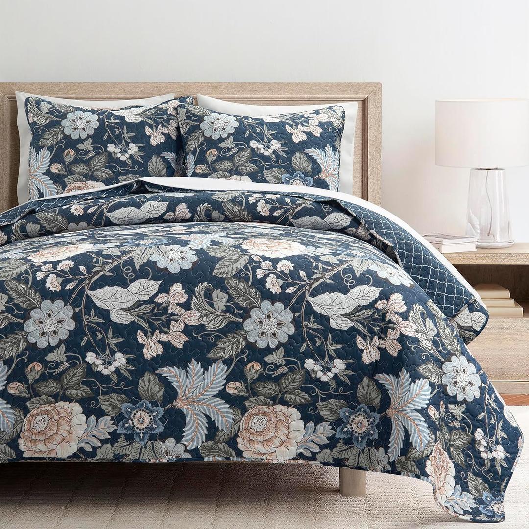Lush Decor Sydney Reversible Cotton Quilt Set, 3 Piece Set, King, Navy & Multi - Cotton Bedding Set - Navy Floral Quilt - Cottage Decor - Bedding King Size