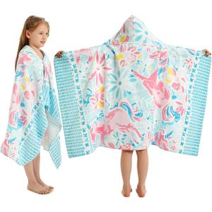 Girls' Hooded Bath Towel, Oversized 50" L x 30" W for Ages 3 to 12 Kids, Quick Dry Lightweight Soft Microfiber Hood Beach Towel Cover Up, Sunshine Unicorn Theme