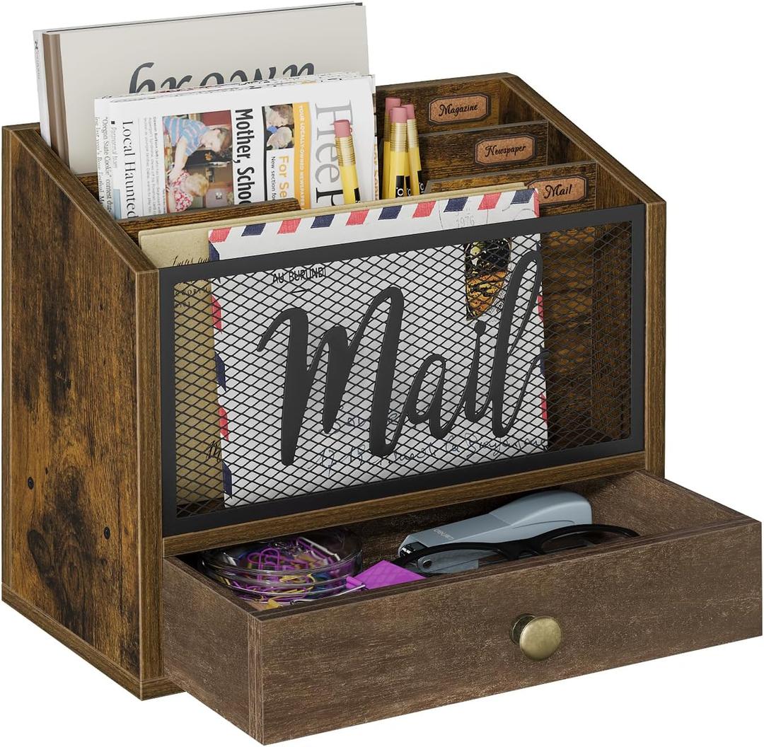 YINMIT Mail Organizer Countertop with 3 Compartments and Drawer, Mail Holder Sorter for Desk, Mail Organizer Wall Mounted, Countertop Desk Office Accessories Organizer for File Paper Folder (Brown - Style A)