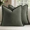 Woaboy Decorative Linen Fringe Throw Pillow Covers Boho Farmhouse Soft Accent Pillowcases with Tassels Spring Home Decor for Livingroom Couch Sofa Bed,20x20 Inch Set of 2,Dark Olive Green