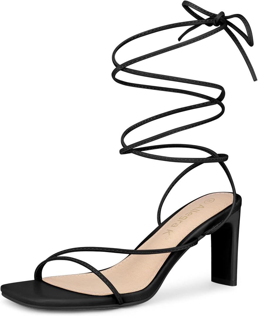 Allegra K Women's Lace Up Strappy Block High Heel Sandals (9, Black)