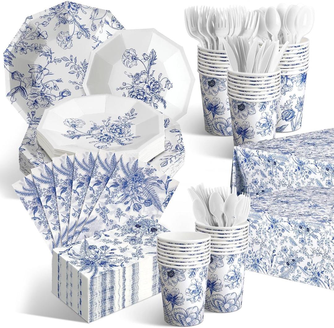 Dandat 402 Pcs Blue Floral Disposable Tableware Set Serve 50 Baby Shower Party Decoration Bridal Shower Party Supplies Plates Napkins Plastic Tablecloths for Wedding Birthday Decoration