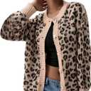 Women's Leopard Print Cardigan Button Front Cardigan Sweaters Crew Neck Drop Shoulder Long Sleeve Knit Tops (Medium, Apricot)