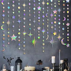 Iridescent Star Moon Circle Dot Garland Party Decoration Kit Hanging Crescent and Twinkle Little Star Streamer Bunting Banner for Kids First Birthday Ramadan EID Mubarak Baby Shower Wedding Decor