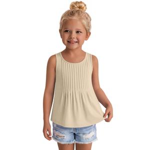 Ficerd Toddler Girls' Tank Tops Sleeveless Pleated Tunic T-Shirts for Baby Crew Neck Summer Dressy Loose Plain Tee Blouses(4T,Apricot)