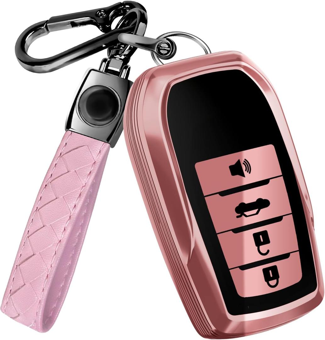 Lucrum Compatible with Toyota Key Fob Cover & Leather Keychain, Keyfob Case for Avalon Camry Corolla Prius RAV4 Highlander (Black & Pink)