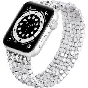 MOFREE Band Compatible with Apple Watch 38mm 40mm 41mm 42mm 44mm 45mm, Beaded Bracelet Women Fashion Handmade Elastic Stretch Strap for iWatch Series 10/9/87/SE/6/5/4/3/2/1 Bands (Matte silver)