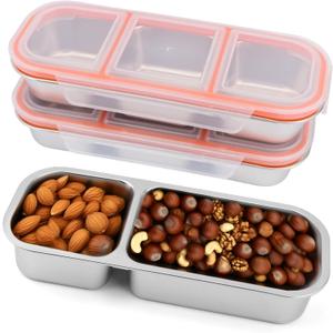 3 Pack Stainless Steel Snack Containers: 1 Piece with 2 Compartments + 2 Pieces with 3 Compartments  Leak-Proof Metal Bento Boxes for Adults, Stackable Lunch Containers Ideal for Daycare and Travel