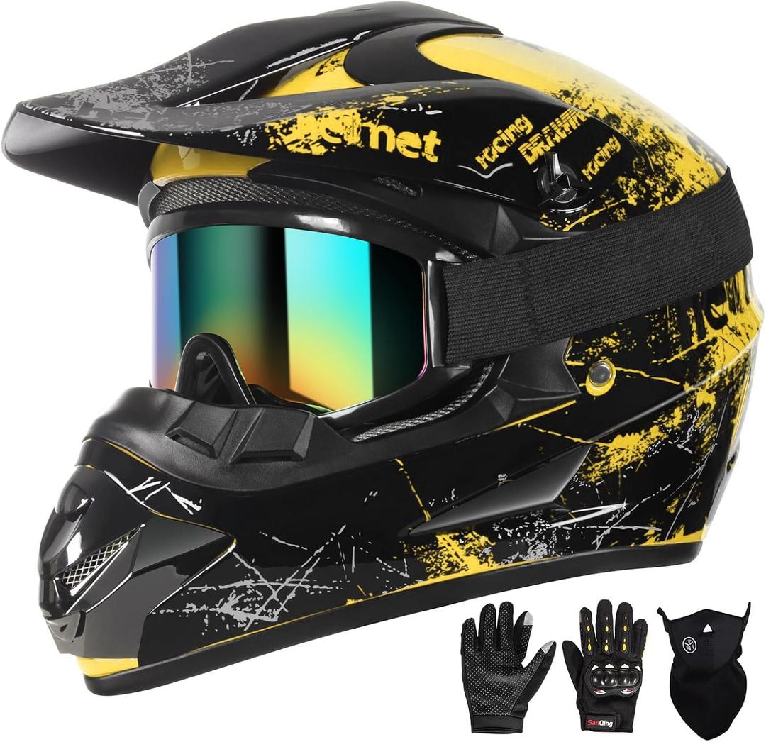 SPARK Dirt Bike Helmets Kids Motorcycle Helmet Youth ATV Motocross Full Face Men Women Off-Road Mountain Bike Helmet Adult with(Gloves Goggles Mask) DOT Approved 4Pcs Set (Large, Yellow)