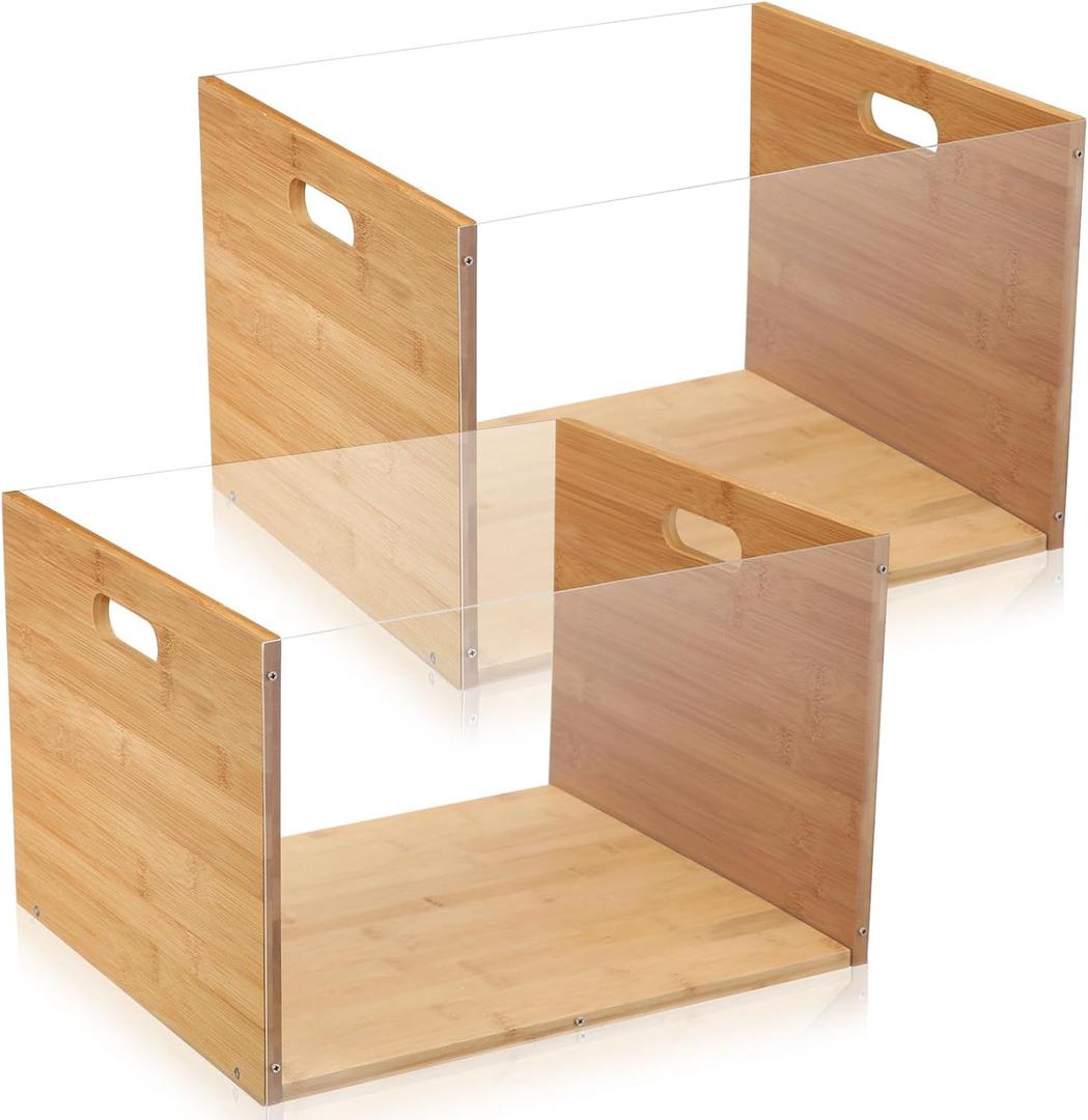 Yousoontic 2 Pcs Clear Acrylic File Box Organizer with Handles Bamboo Hanging File Folder Organizer Box Transparent Storage File Box for Home Work Document Office Supplies Letter Size