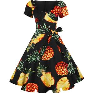 GOOBGS Women's 1950s Vintage Puff Sleeves Cocktail Rockabilly Swing Retro Dress with Pockets New (Medium, Black Pineapple)