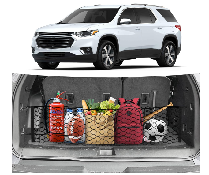 Canvcle Trunk Cargo Net for 2018-2025 2026 Chevrolet/Chevy Traverse Accessories Envelope Style Mesh Trunk Net Organizer and Storage Stretchable Adjustable Elastic Nylon Rear Cargo Netting with Hooks