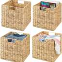 mDesign Natural Woven Hyacinth Cube Organizer Basket with Handles, Storage for Bathroom, Laundry Room Shelf or Nursery - Perfect for Cubby Storage Units - Hold Blankets and Books - 4 Pack, Natural/Tan