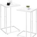 C Shaped End Table Set of 2 for Sofa and Bed, Slide Under Couch Tables, Side Table With Faux Marble Top, Small Under Table Tray for Living Room, Bedroom, White