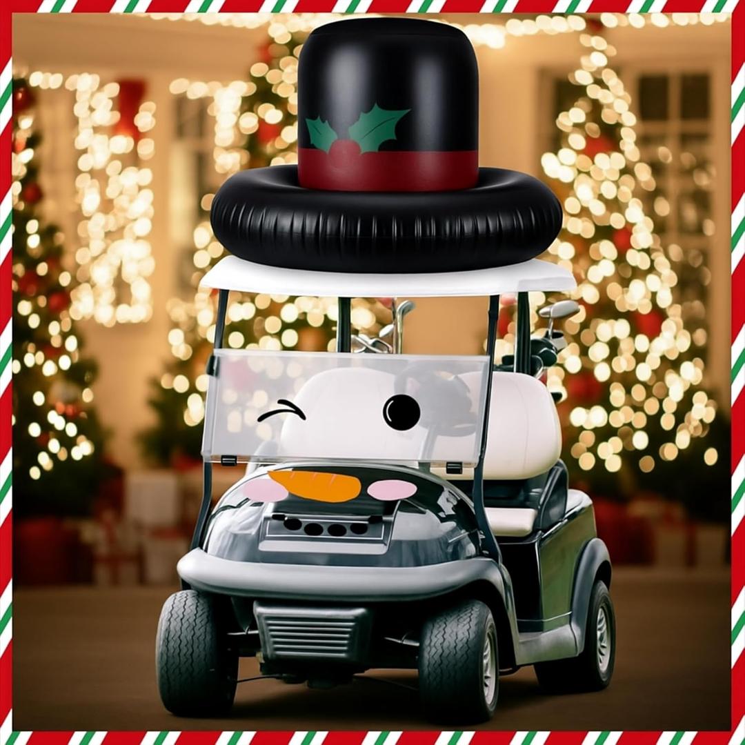 Sosation 2 Set Christmas Winter Golf Cart Decorations 39'' Inflatable Snowman Hat with Face Decal Funny Winter Outdoor Decoration Blow up Car Parade Accessories for Holiday Auto Vehicle Yard Garden