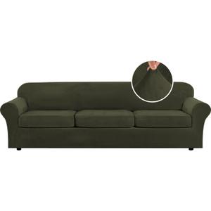 H.VERSAILTEX Modern Velvet Plush 4 Piece High Stretch Sofa Slipcover Furniture Protector Form Fit Velvet Extra Large Sofa Cover for 3 Cushion Couch Width Up to 105 Inch (XL Sofa, Olive)