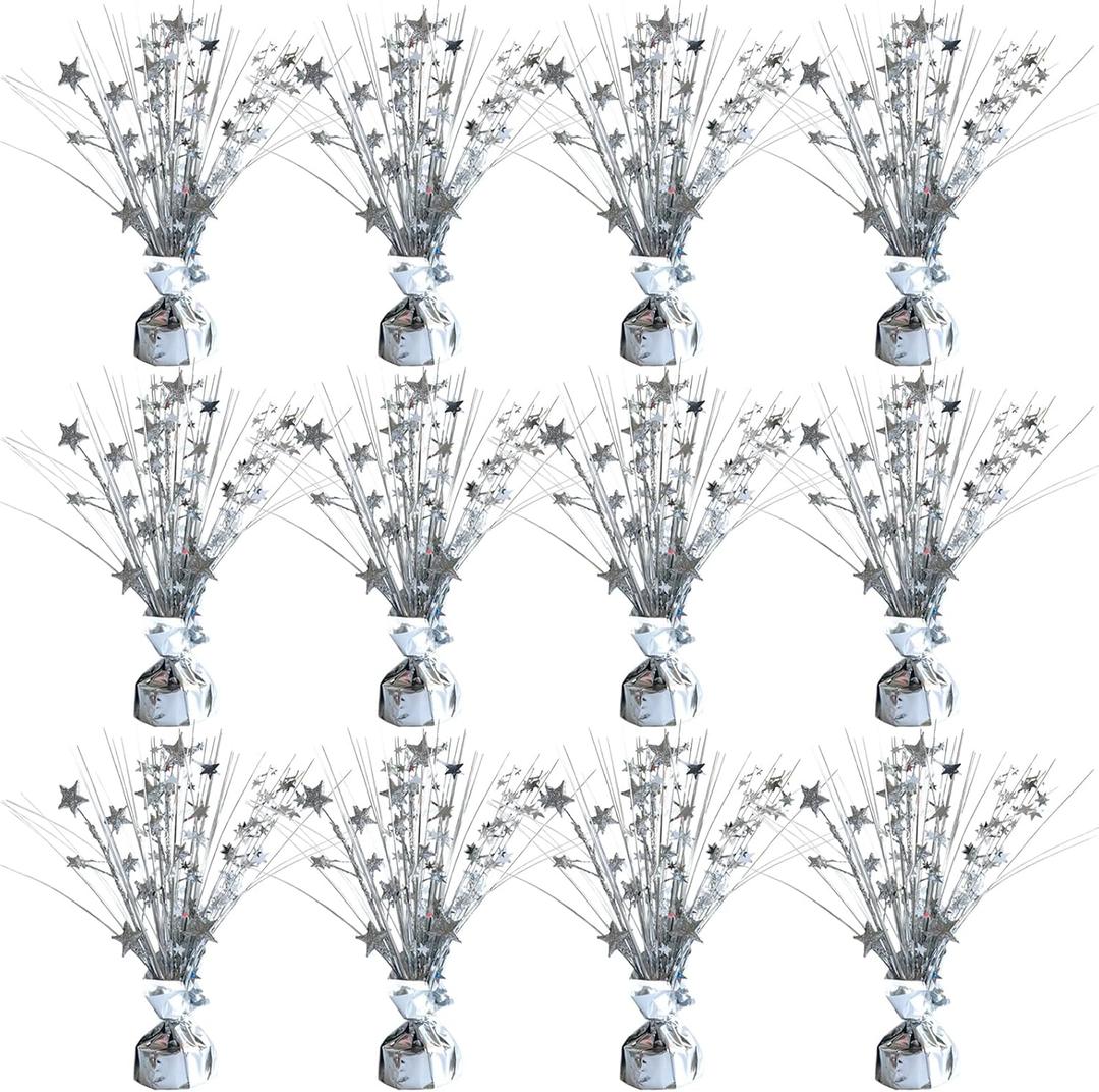 12 Pack Metallic Sliver Foil Spray Centerpieces Stars Brust Table Centerpieces for Wedding Birthday Anniversary Holiday Party Decor, Metallic Star Balloon Wights for Party, Decor for Party