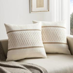 ZeeMart 2 Packs Cotton Boho Throw Pillow Covers 16x16 Inch Grid Brown, Soft Farmhouse Decorative Couch Pillow Cases Neutral Cushion Covers for Sofa Bed Living Room Home Decor