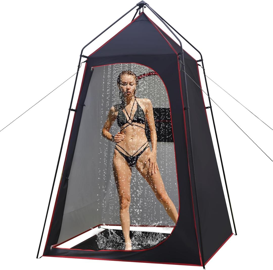 Camping Shower Tent, Portable Outdoor Privacy Shelter for Showering & Changing, 7.2 FT Easy-Setup Toilet Tent with Floor & UPF 50+, Ideal for Hiking, Fishing, Beach (Black)