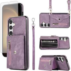 Asuwish Phone Case for Samsung Galaxy S26 5G 2026 Wallet Cover with Wrist Crossbody Strap Lanyard Credit Card Holder Stand Leather Cell Accessories S 26 26S GalaxyS26 Women Men Purple