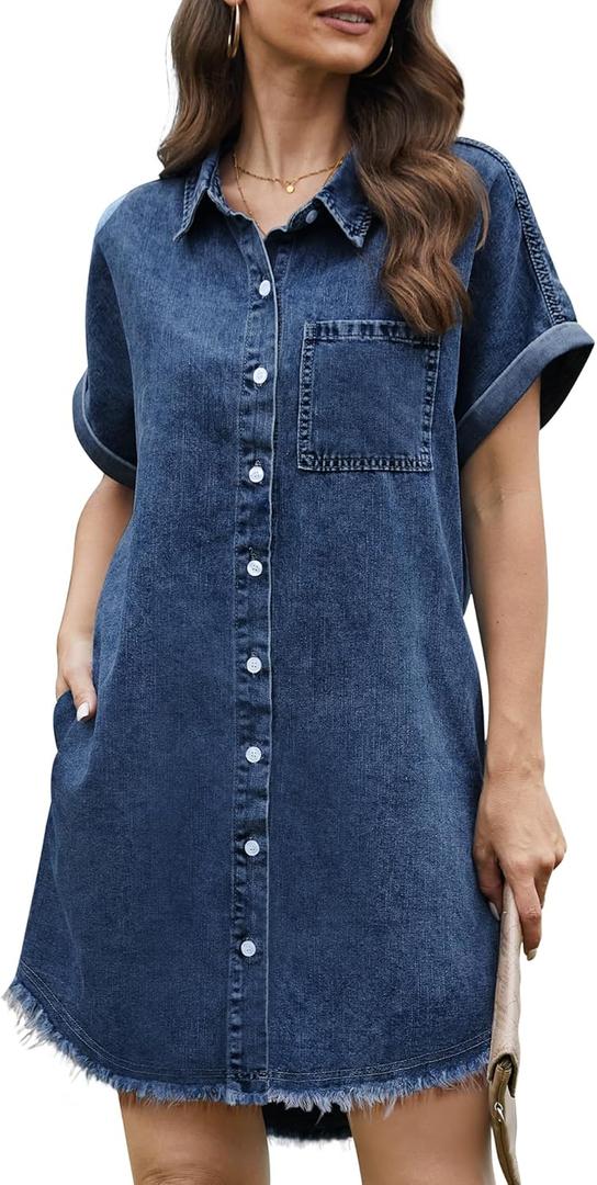 Denim Dress for Women Midi Jean Shirt Dresses Button Down Short Sleeve Summer Womens Jeans Babydoll Pockets (Small, Navy Blue)