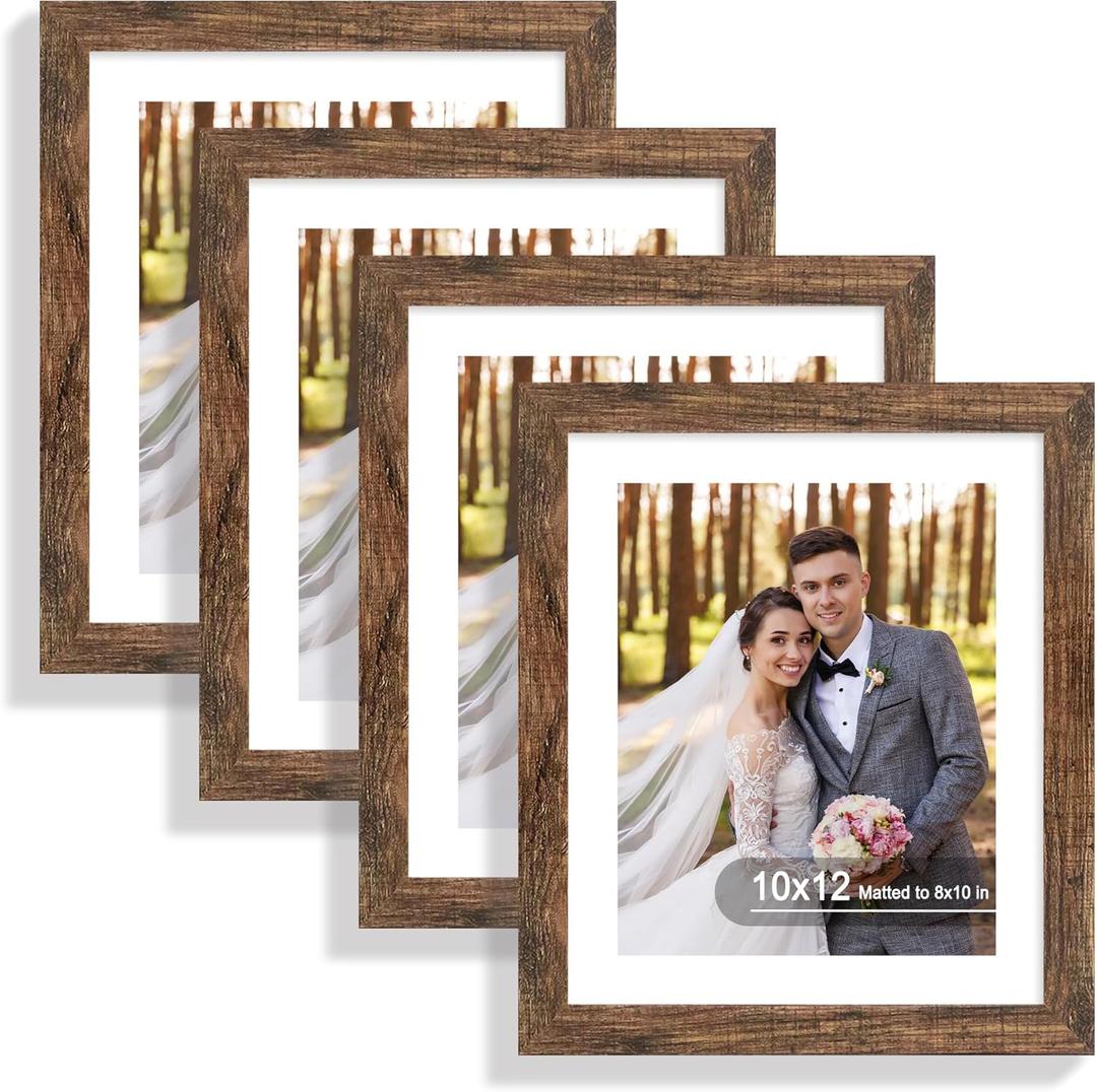 10x12 Picture Frame Set of 4, Made of Real Glass and Rustic Brown Frame - Display Picture 8x10 with Mat or 10x12 Without Mat, 10 by 12 Photo for Wall Mounting
