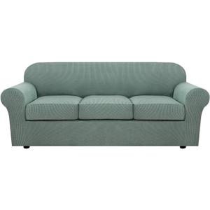 H.VERSAILTEX 4 Piece Stretch Sofa Covers for 3 Cushion Couch Covers for Living Room Furniture Slipcovers (Base Cover Plus 3 Seat Cushion Covers) Upgraded Thicker Jacquard Fabric (Sofa, Sage) Large 