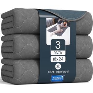 Inspire Underpads | Stain Hiding Gray Reusable Incontinence Bed Pads | Waterproof Mattress Pad | for Adults Babies and Dogs (18 X 24 - 3 Pack)