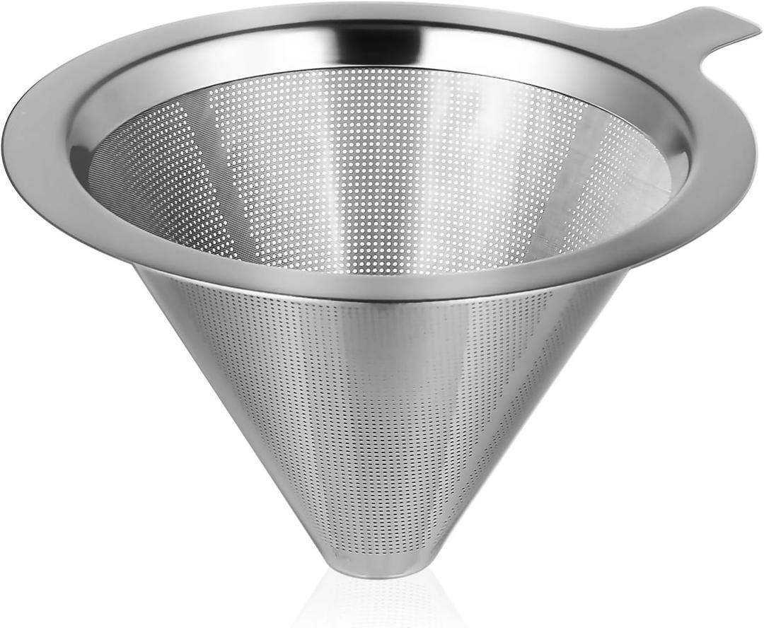 Zerodeko 1PC Reusable Coffee Filter, Stainless Steel Cone Dripper, Silver, Brews 1-2 Cups