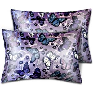 Silk Satin Pillowcase for Hair and Skin Soft Satin Pillow Cases Standard Size Pack of 2, Wrinkle, Fade-Resistant with Envelope Closure (20x26, Purple, Butterflies & Flower)