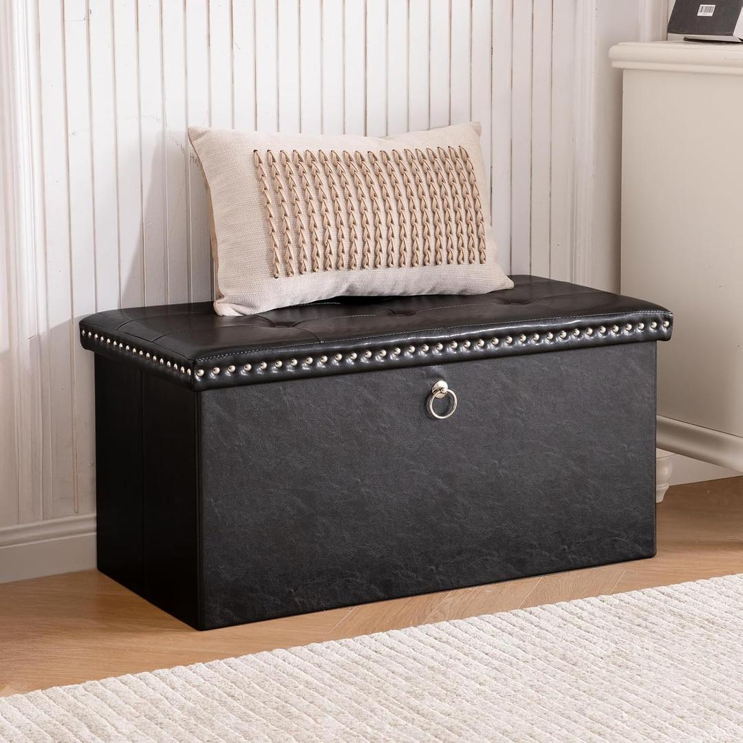 oakvivo Folding Storage Ottoman Bench 30in, Leather Foot Rest Stools Ottoman with Storage, Coffee Table, End of Bed Bench Footstool for Living Room, Bedroom, Load 330 lb, 30x15x15 inches, Black