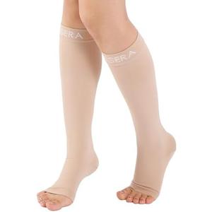 Open Toe Compression Socks for Women Men - 20-30 mmHg Toeless Knee High Compression Stockings for Circulation Support Varicose Vein Shin Splints Swelling, Beige Large