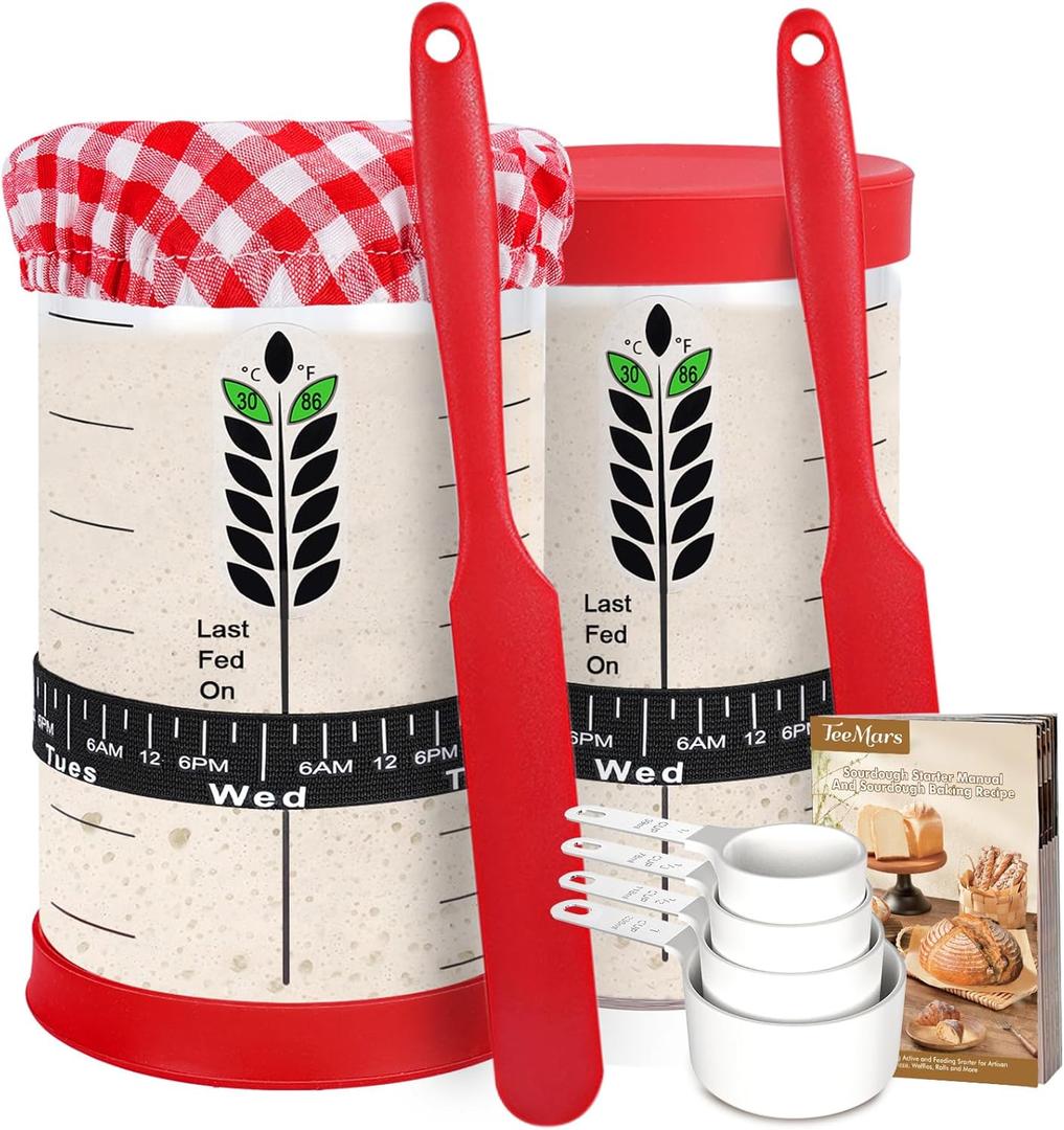 CuteRise Sourdough Starter Jar Kit, 2PACK 40oz Sourdough Starter Jars with Silicone Lids, Cute Cloth Covers, Thermometers, Feeding Time Trackers, Silicone Spatulas, Recipe & Measuring Cups -14PCS