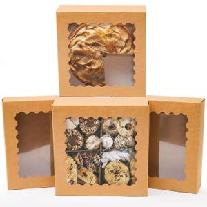 qiqee Auto-pop up 50 Packs Bakery Box With Window 8x8x2.5 inch Brown Pie Boxes Pastry