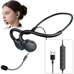Open Ear Headphones - USB Wired Headset with Microphone for PC, Comfortable Computer Headset with Noise Cancelling & Crystal Clear Calls for Call Center, MS Teams, Skype, Webinars and More