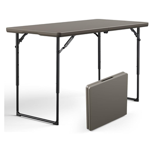 Folding Table 4ft - Heavy Duty Fold-in-Half Plastic Table with Adjustable Height, Portable Utility Tables with Steel Legs for Indoor, Outdoor, Picnic, Camping, Dining, Party (Khaki)