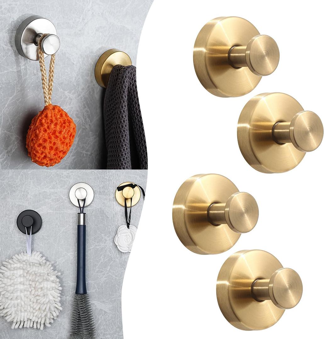 4-Pack Gold Suction Cup Hooks for Shower, Heavy Duty 15 LBS No Drill Towel Hooks, 304 Stainless Steel Bathroom Hooks for Glass, Tile, Mirror, Kitchen & Glass Door