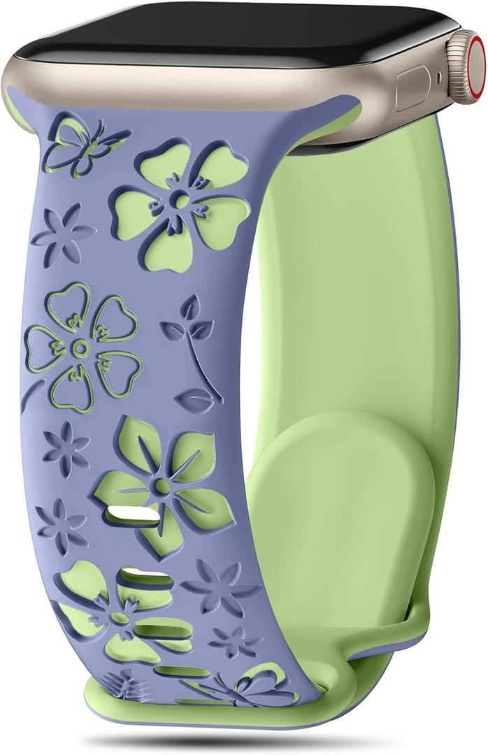 Floral Engraved Band Compatible with Apple Watch Band Women 40mm 38mm 41mm 42mm 44mm 45mm 46mm 49mm, Soft Silicone Two-Tone Flower Sport Strap for iWatch Series 10 9 8 7 6 5 4 3 2 1 SE Ultra (Cyan Blue/Lime)