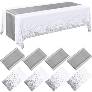 Breling 8 Pack White and Silver Disposable Plastic Tablecloths and Satin Table Runner Set, 54 x 108 Inch Tablecloth, 12 x 108 Inch Table Runners for Wedding Graduation Birthday Baby Shower New Year