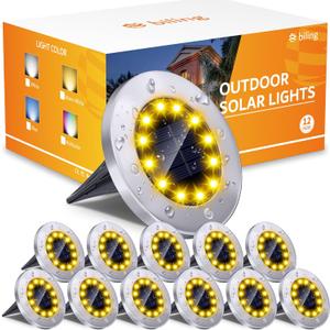 Biling Solar Outdoor Lights 12 Packs, Bright 12 LEDs Solar Ground Lights Waterproof, Flat Pathway Lights Solar Powered for Yard Walkway Garden Driveway (Warm White)