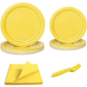 96 Pcs Party Plates, Yellow Paper Plates and Napkins, Disposable Tableware Set, Party Supplies for Kids Birthday Baby Shower Wedding Picnic, Serve for 24 Guests