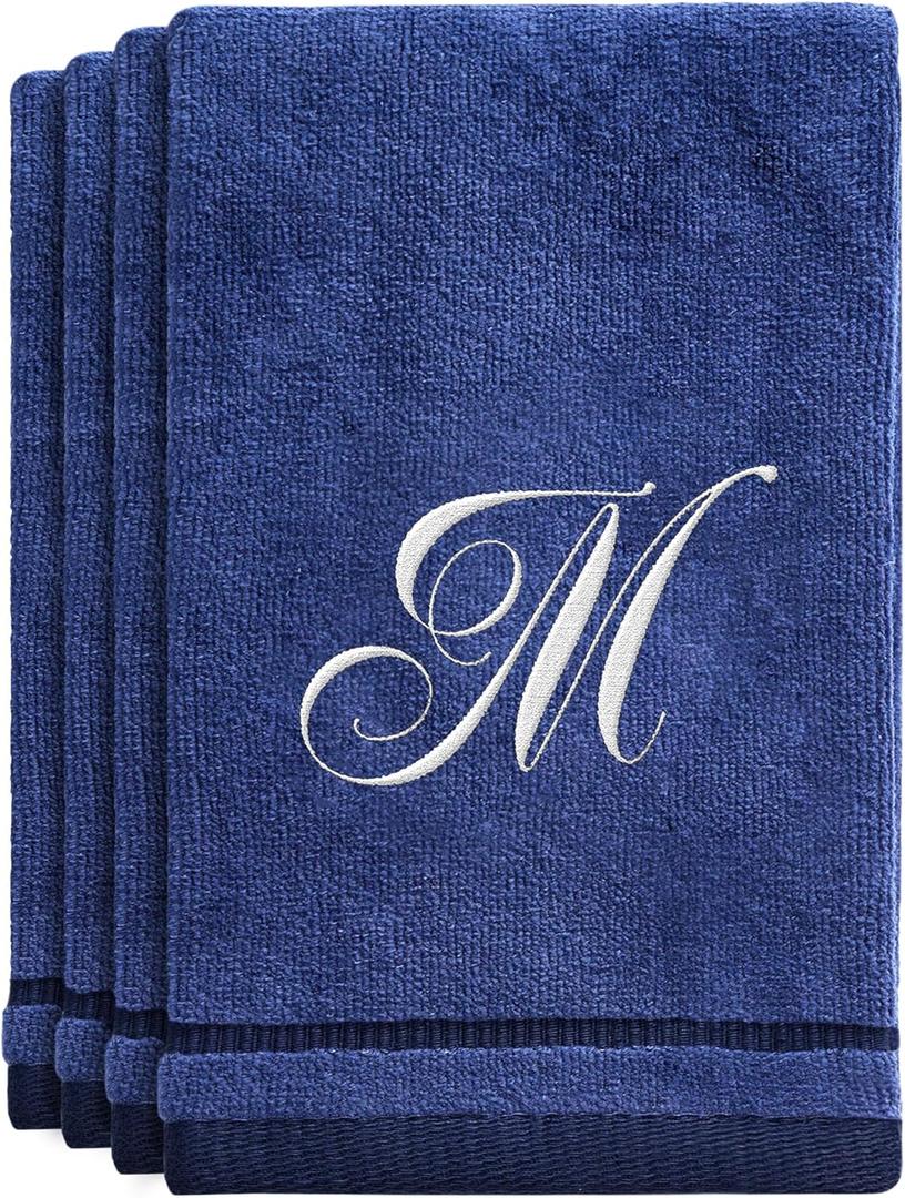 Personalized Initial Fingertip Towels 4 Pack 11x18 - White Embroidery on Navy Blue Towel, Modern Monogrammed Towels, Great Personalized Initial Gift for Women, Teachers, Friends, Bridesmaids Initial M