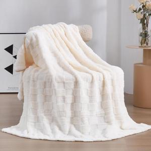 Cream White Fleece Throw Blanket 50x60 for Couch Sofa Bed,Super Soft Cozy Plush Microfiber Flannel Blanket with 3D Checkered Design Lightweight for Adults,Woman,Girls
