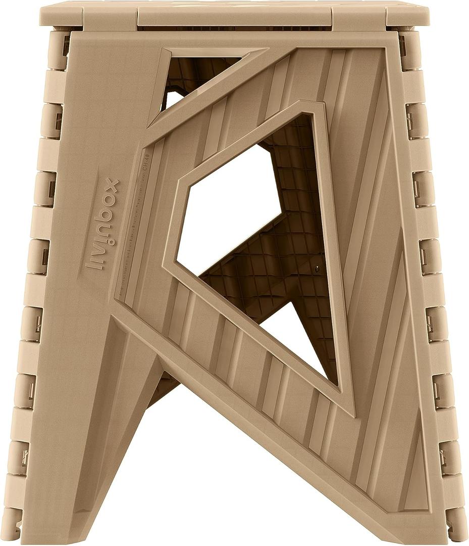 Livinbox 15 inch Plastic Collapsible Stool, Folding Stool, Outdoor Step Stool, Opens Easy with One Flip. Great for Kitchen, Bathroom, Bedroom, Holds Up to 200kg (Khaki Beige)