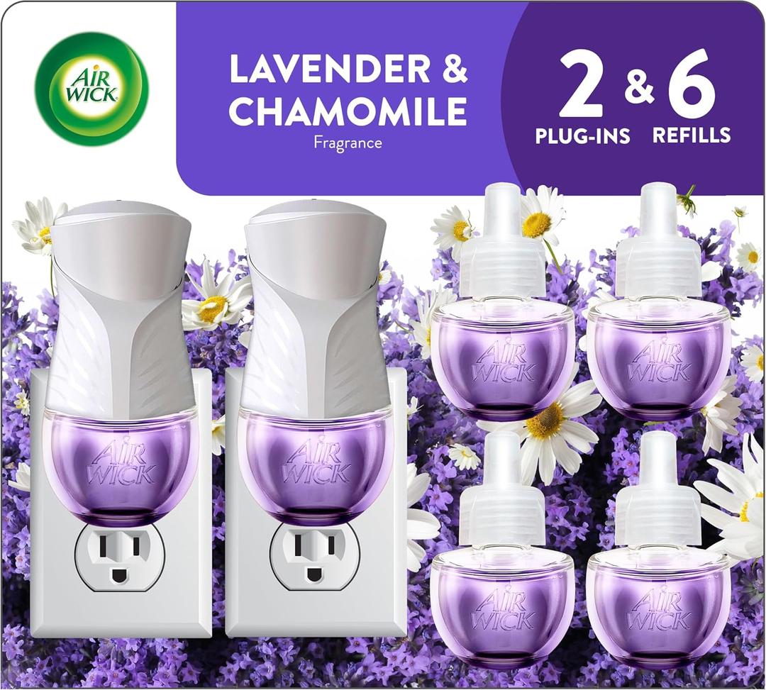 5 x Air Wick Plug in Scented Oil Starter Kit, 2 Warmers + 6 Refills, Lavender & Chamomile, Eco Friendly, Essential Oils, Air Freshener