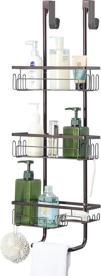 SunnyPoint Classic Metal Bathroom Shower Caddy, Over Door Hanging Storage Organizer Basket (Large, Brown)