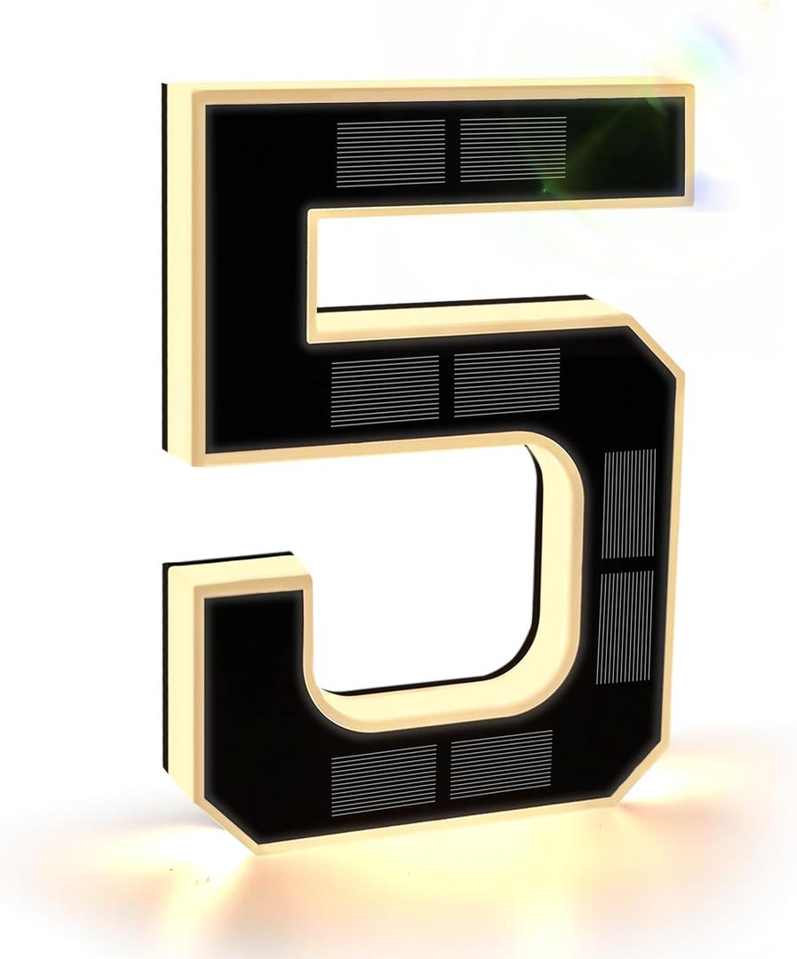 ISUNMEA 9 Inch Solar Lighted House Numbers for Outside, Light Up Waterproof LED Address Numbers Signs for Houses, Large Personalized Illuminated Exterior Modern House Numbers Light (5-Black, 9IN)