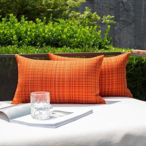 Kevin Textile Outdoor Waterproof Throw Pillow Covers 14x24 Inch Pack of 2 Woven Faux Linen Farmhouse Decorative Water Resistant Lumbar Cushion Covers for Tent Patio Garden Couch Sofa Orange