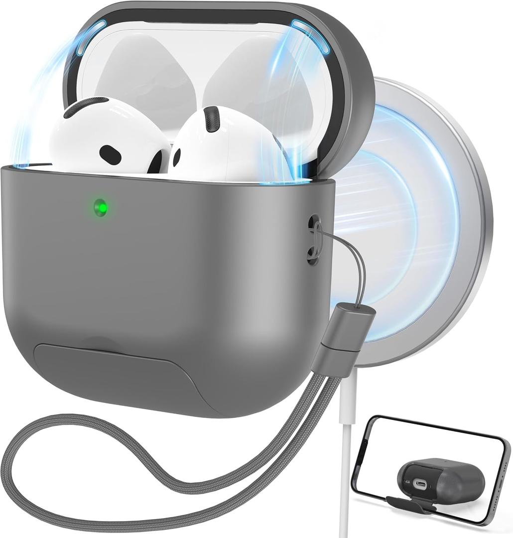 RFUNGUANGO for AirPods 4 Protective Case, Compatible with AirPods 4th Generation (2024), Drop-Proof Protective Case with Phone Holder Function, Magnetic Cover Lock, Grey